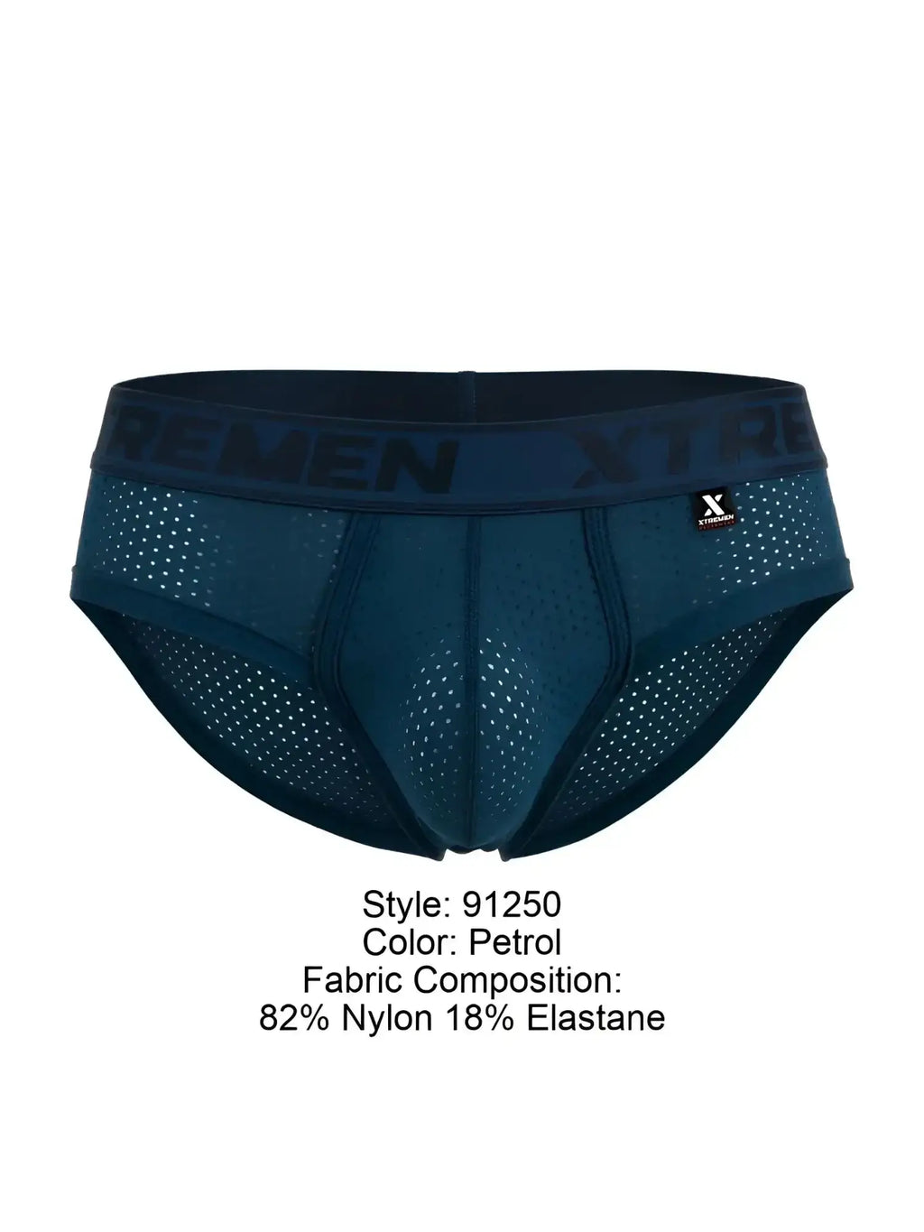 Front view of petrol Xtremen 91250 microfiber mesh briefs with logo waistband.