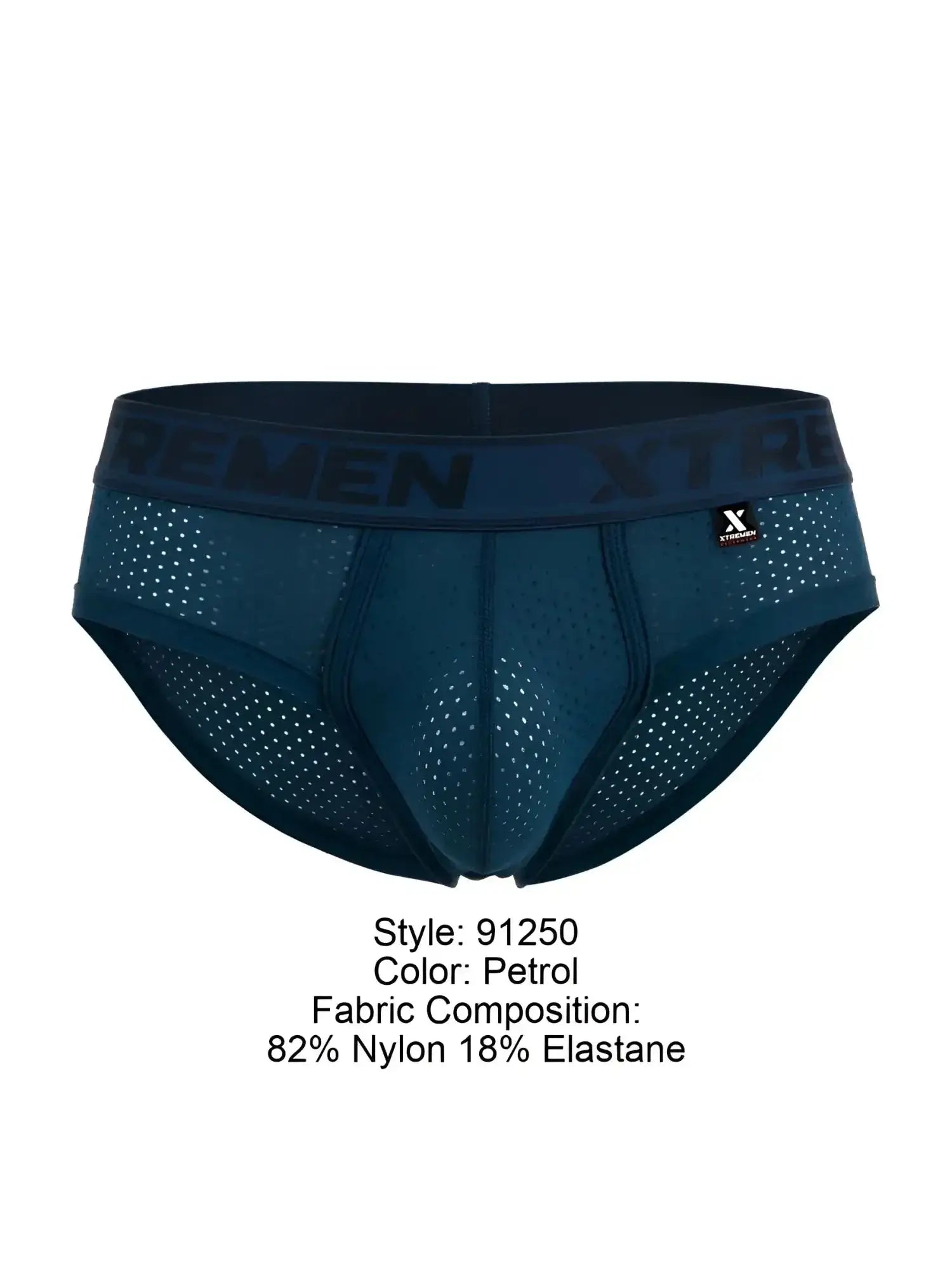 Front view of petrol Xtremen 91250 microfiber mesh briefs with logo waistband.