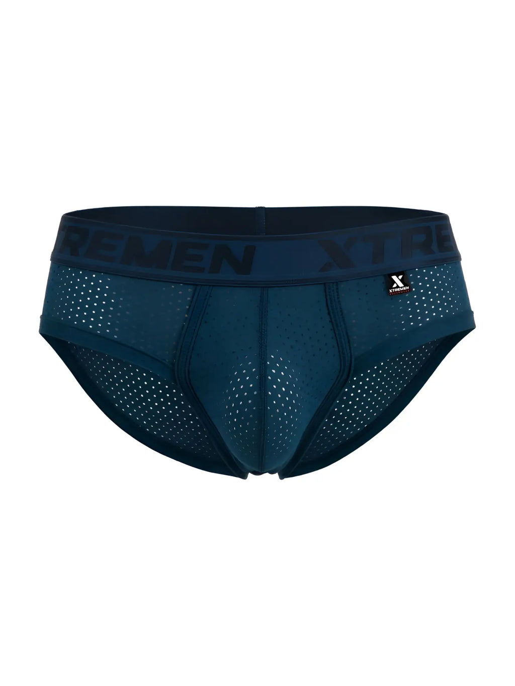 Front view of petrol Xtremen 91250 microfiber mesh briefs with a branded waistband.