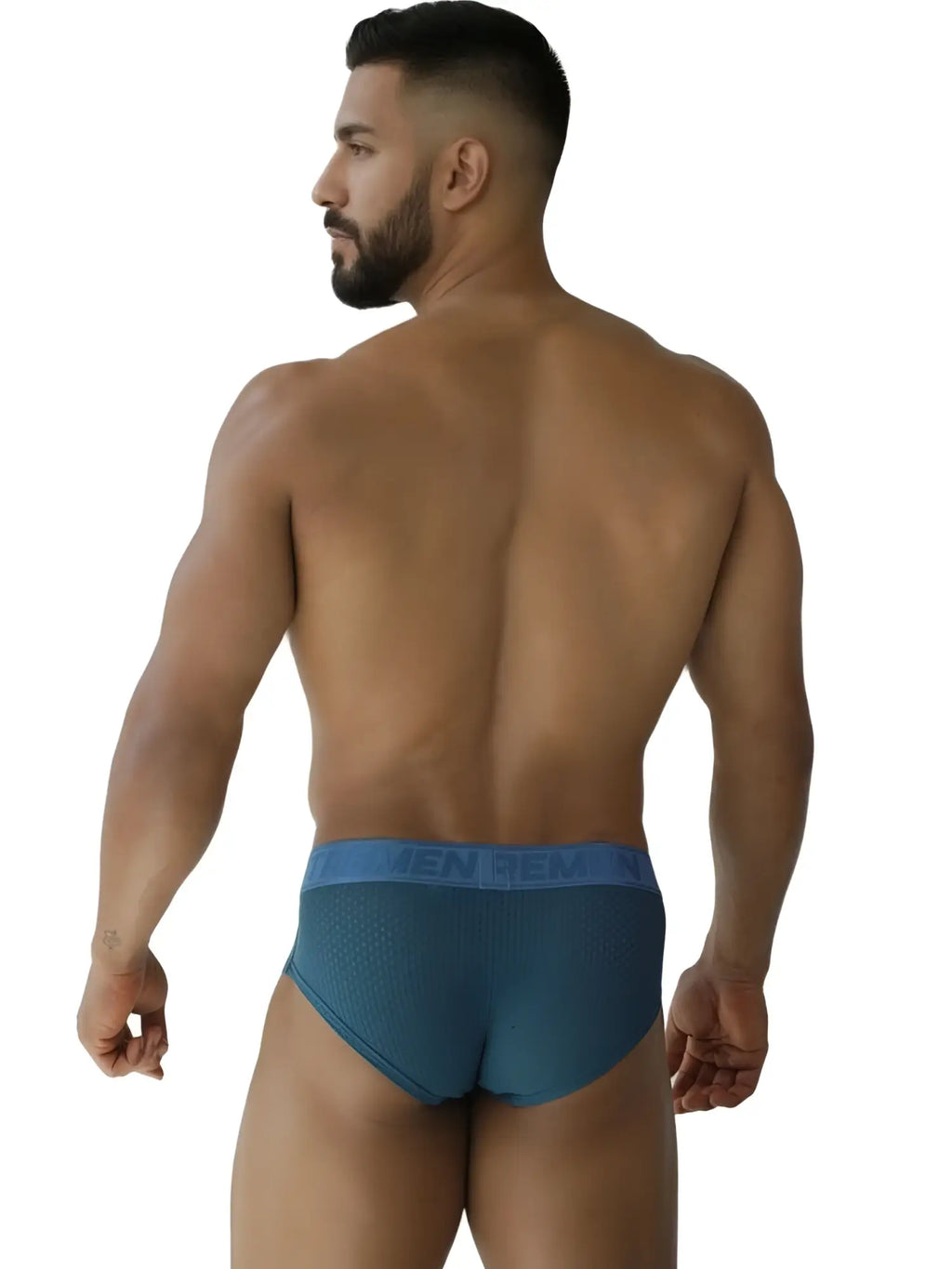 Back view of Xtremen 91250 microfiber mesh briefs in petrol color worn by a model.