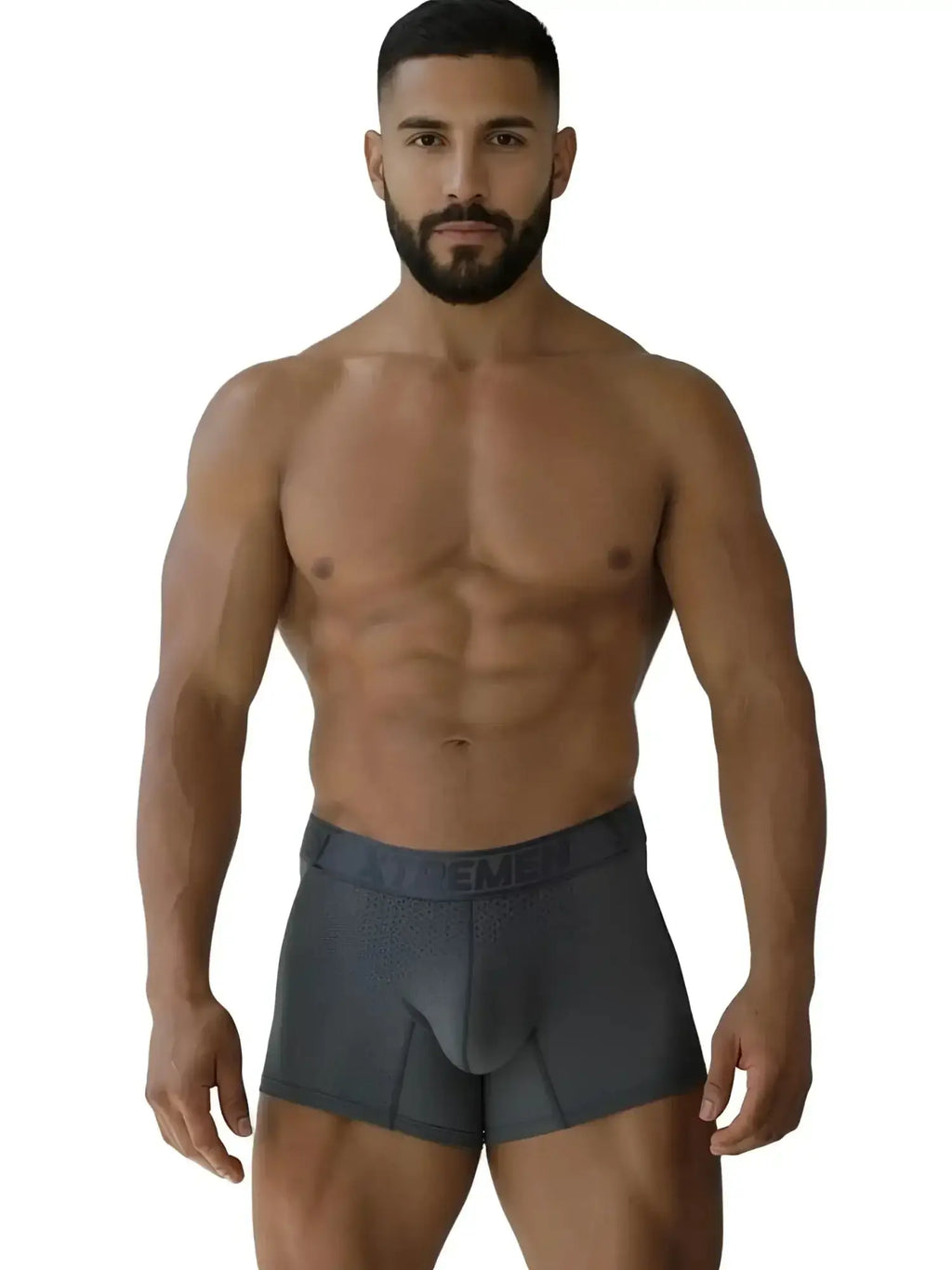 Front view of a model wearing Xtremen 91251 gray microfiber mesh boxer briefs.