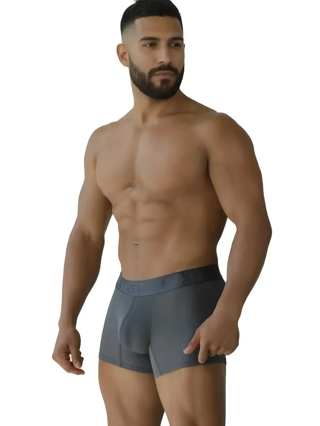 Xtremen 91251 gray microfiber mesh boxer briefs on a model, front three-quarter view.