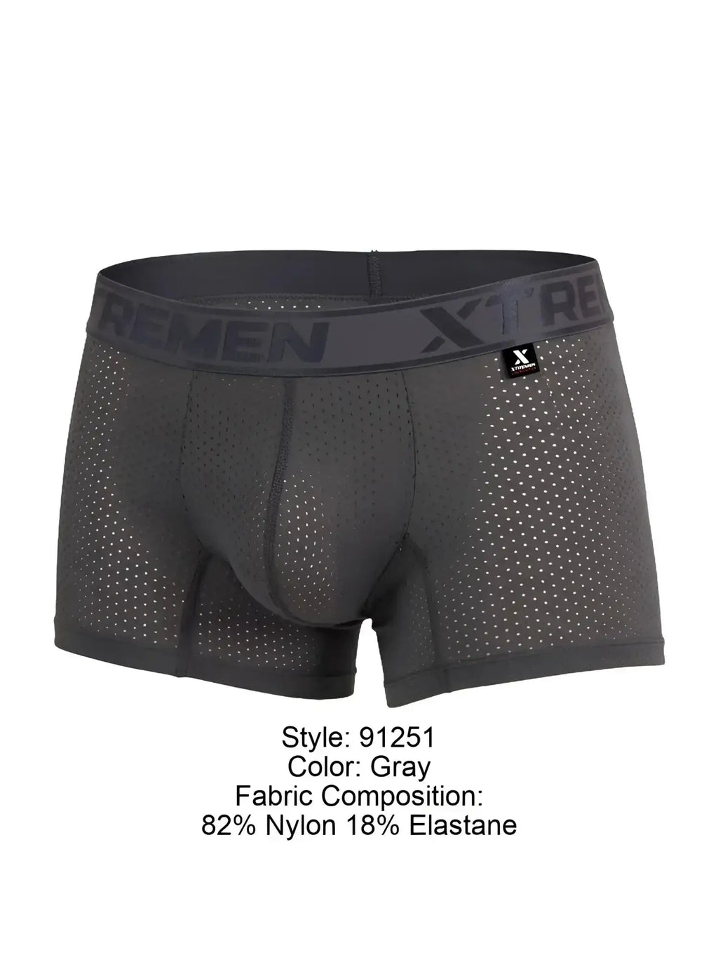 Front view of gray Xtremen 91251 microfiber mesh boxer briefs with branded waistband.
