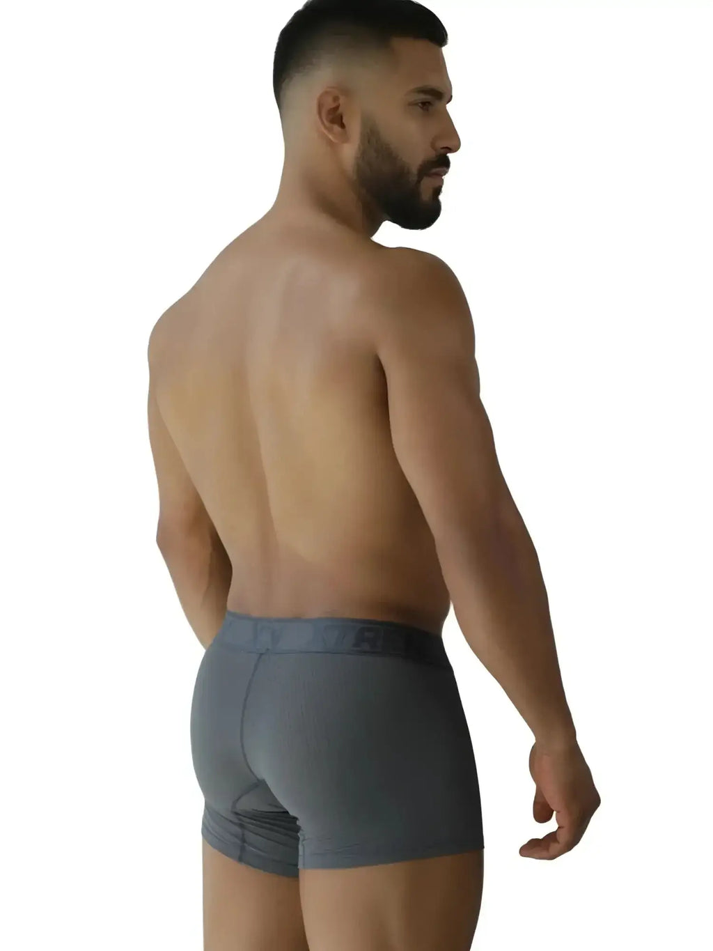 Xtremen 91251 gray microfiber mesh boxer briefs, back view on a model.