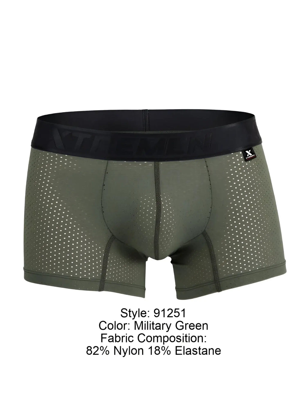 Front view of Xtremen 91251 military green microfiber mesh boxer briefs with black logo waistband.