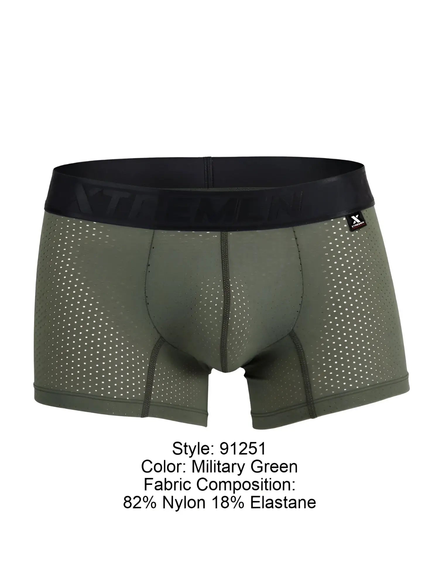 Front view of Xtremen 91251 military green microfiber mesh boxer briefs with black logo waistband.