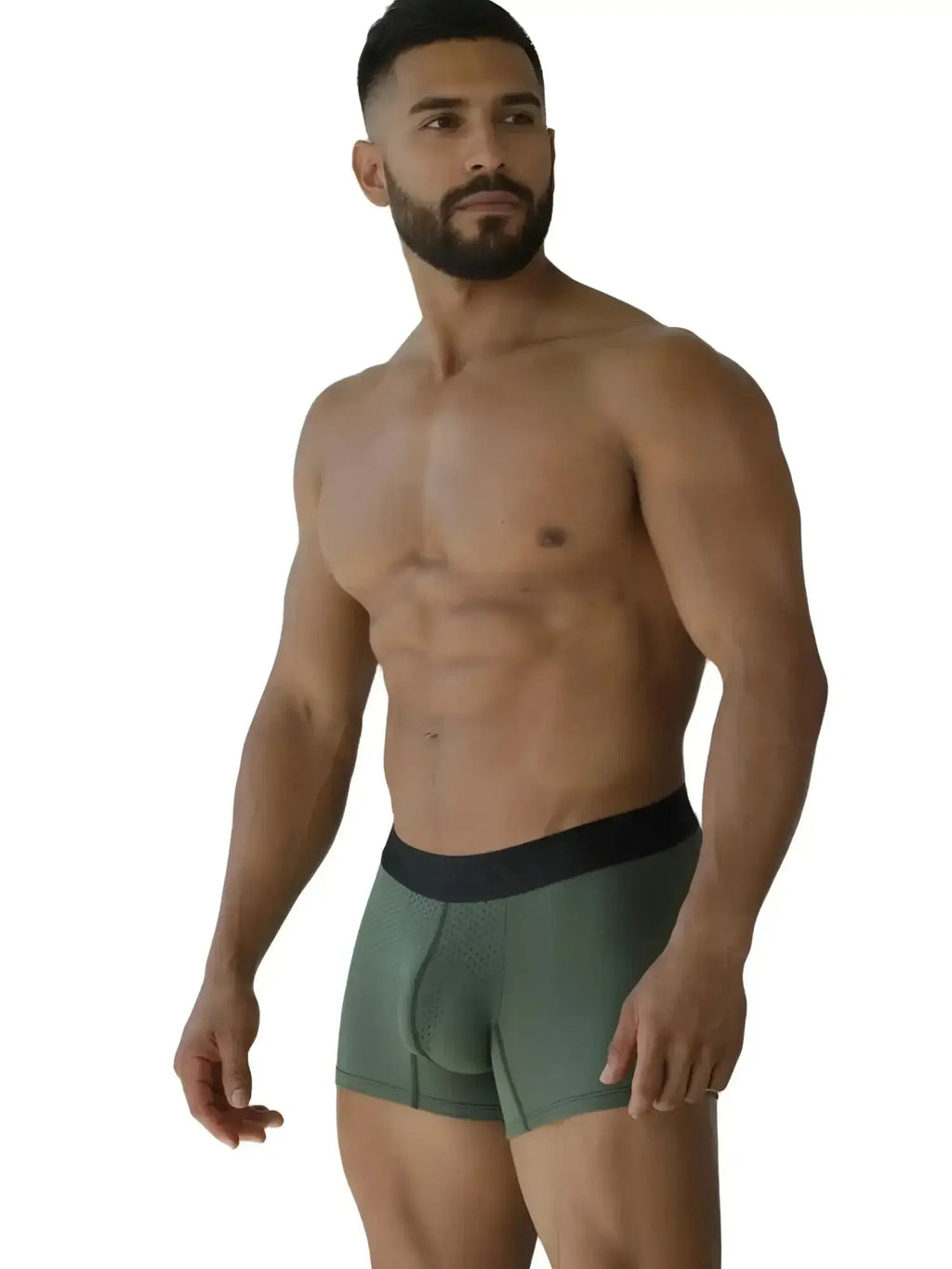 Model wearing Military Green Xtremen 91251 Microfiber Mesh Boxer Briefs, front-quarter view.