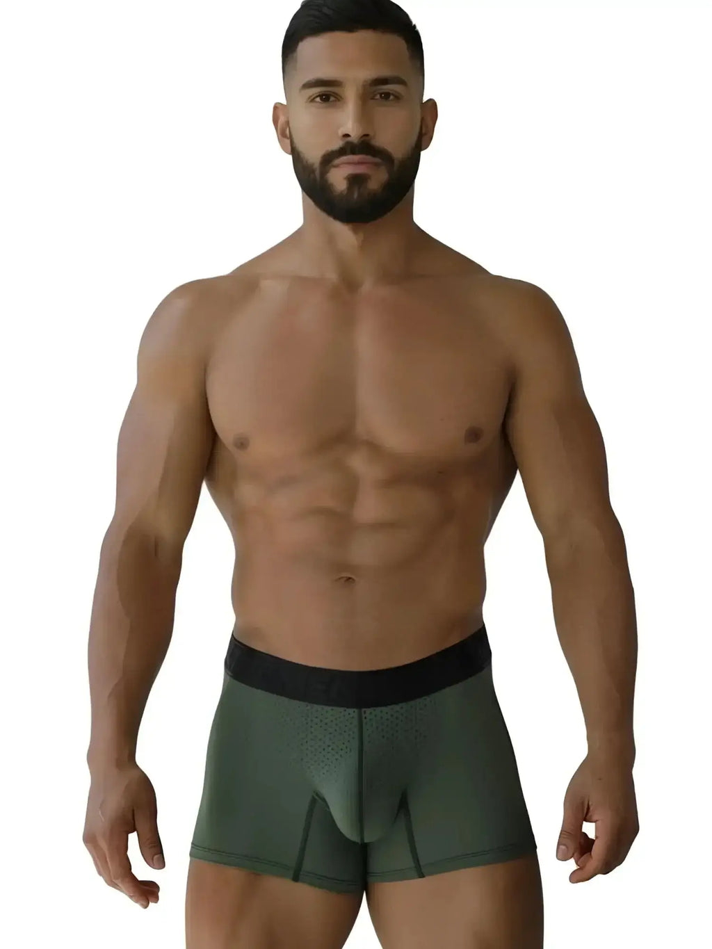 Front view of a model wearing Xtremen 91251 Microfiber Mesh Boxer Briefs in Military Green.