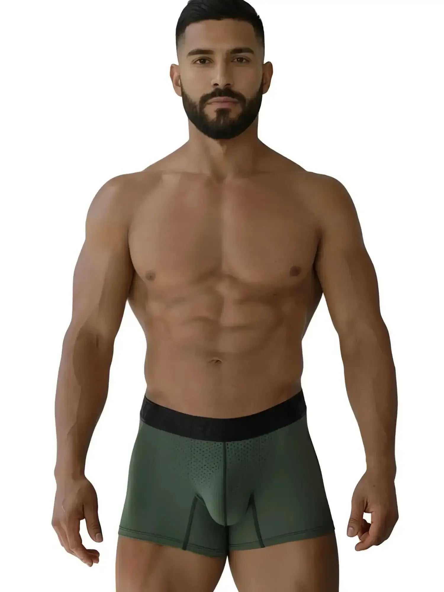 Front view of a model wearing Xtremen 91251 Microfiber Mesh Boxer Briefs in Military Green.