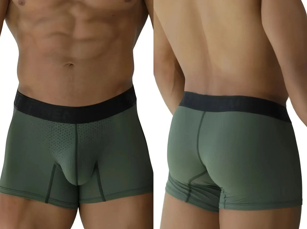 Xtremen 91251 Microfiber Mesh Boxer Briefs in Military Green: front and back view on a model.