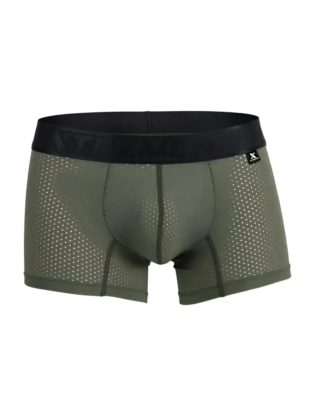Front view of Xtremen 91251 military green microfiber mesh boxer briefs with a black branded waistband.