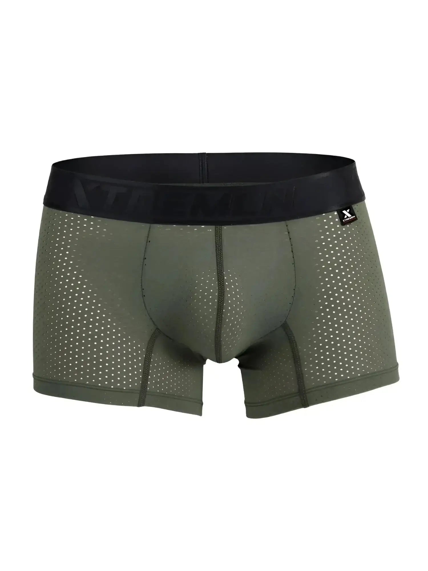 Front view of Xtremen 91251 military green microfiber mesh boxer briefs with a black branded waistband.