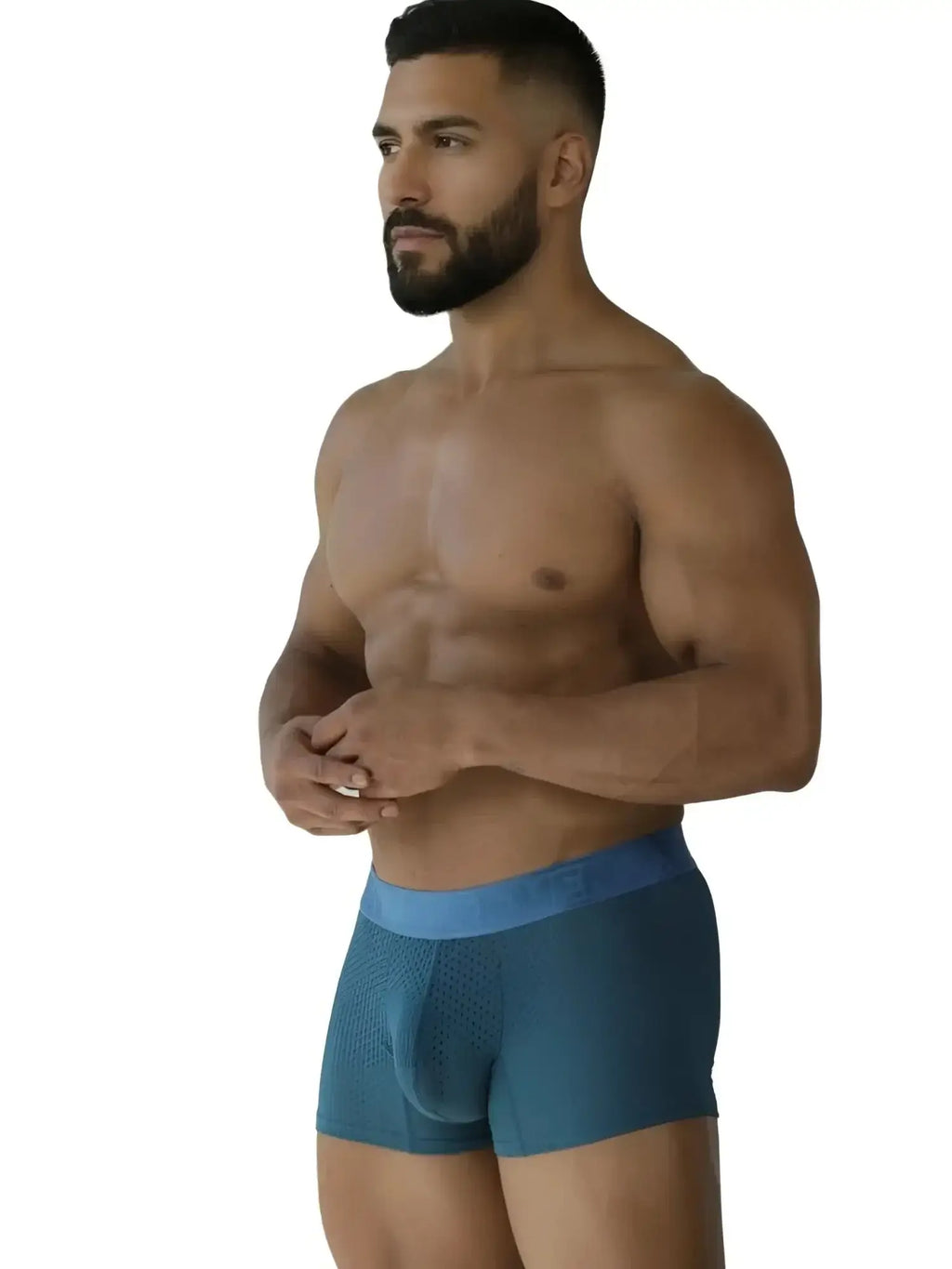 Xtremen 91251 microfiber mesh boxer briefs in petrol, side view on a model.