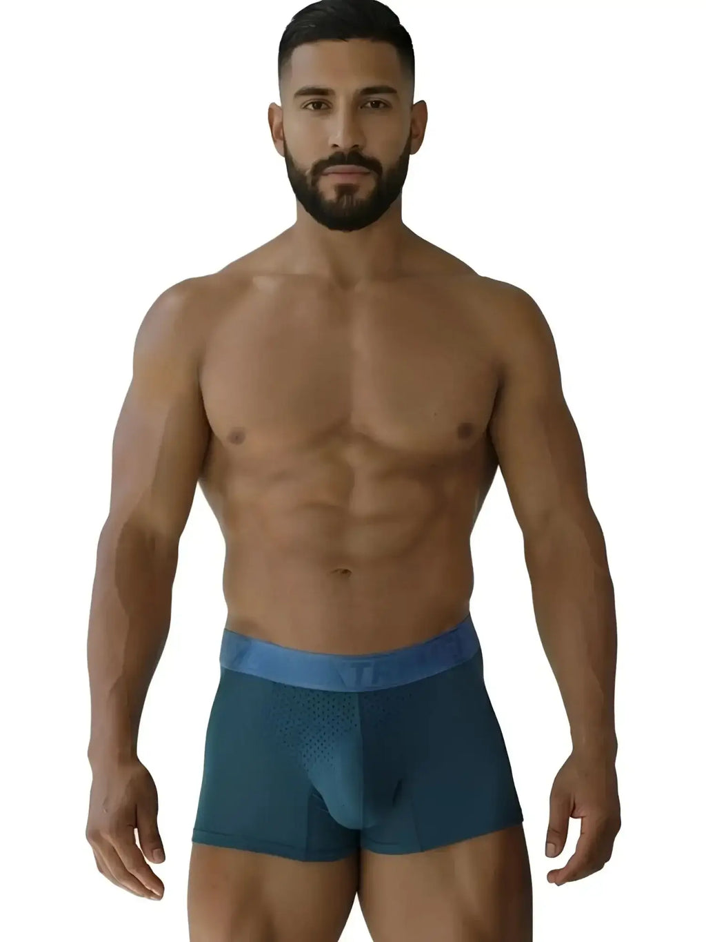 Front view of a model wearing Xtremen 91251 microfiber mesh boxer briefs in petrol.