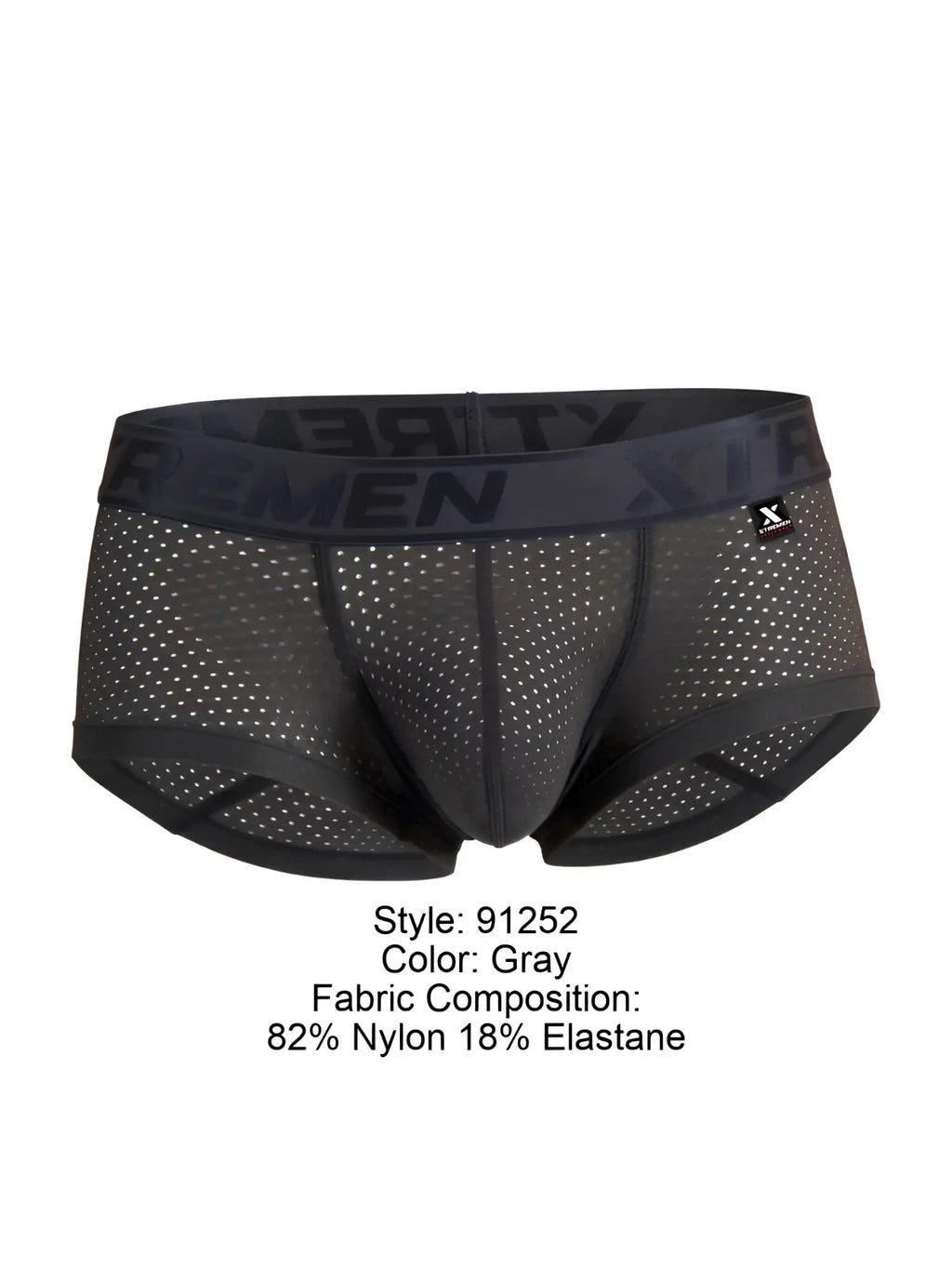 Front view of gray Xtremen 91252 Microfiber Mesh trunks with branded elastic waistband.