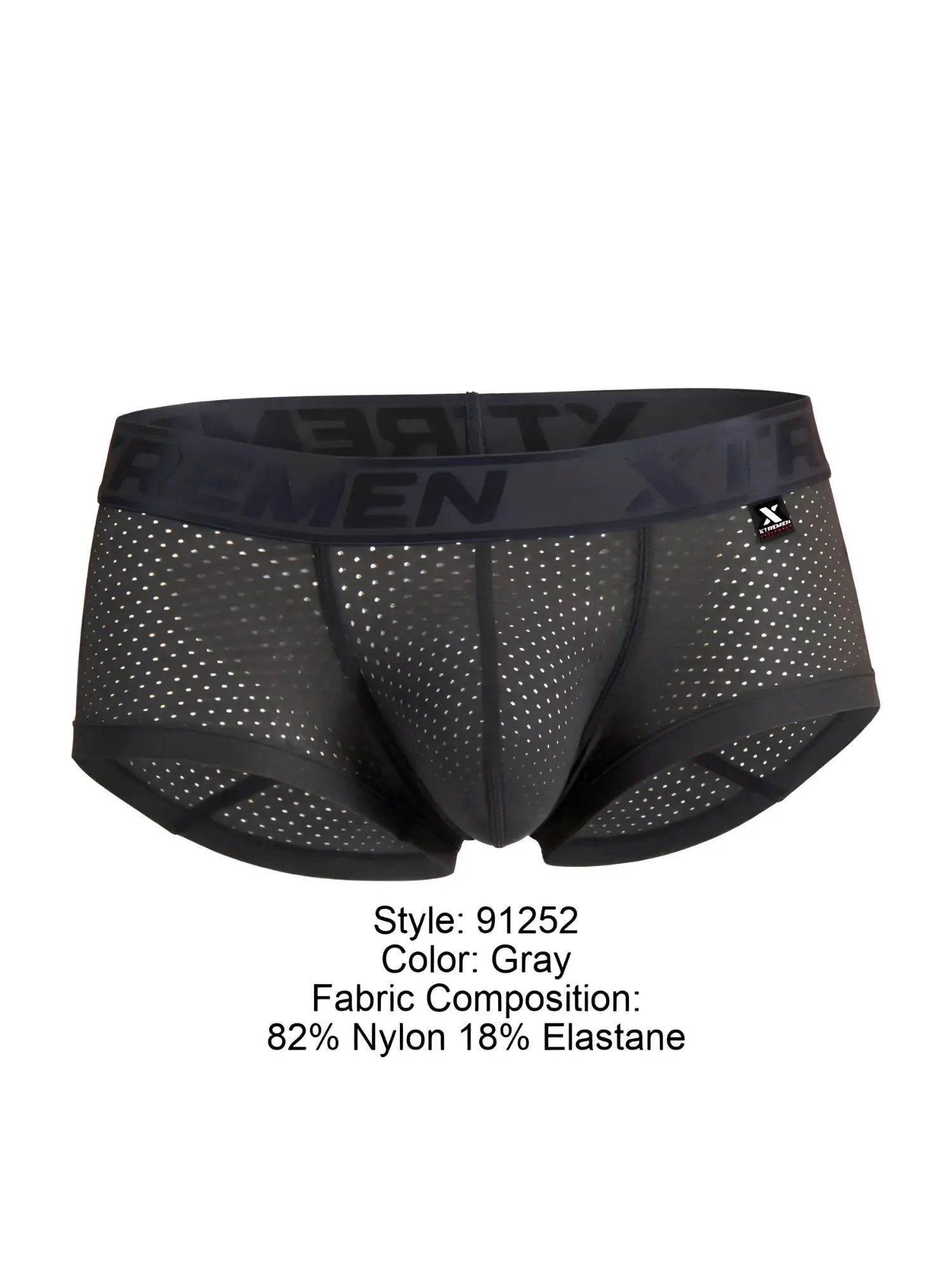 Front view of gray Xtremen 91252 Microfiber Mesh trunks with branded elastic waistband.