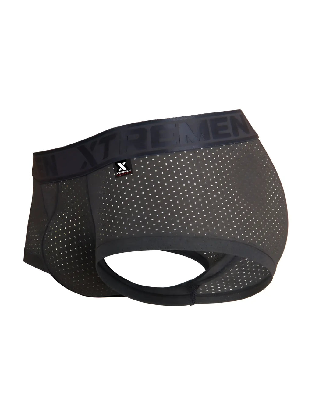 Side view of gray Xtremen 91252 Microfiber Mesh trunks featuring branded elastic waistband.
