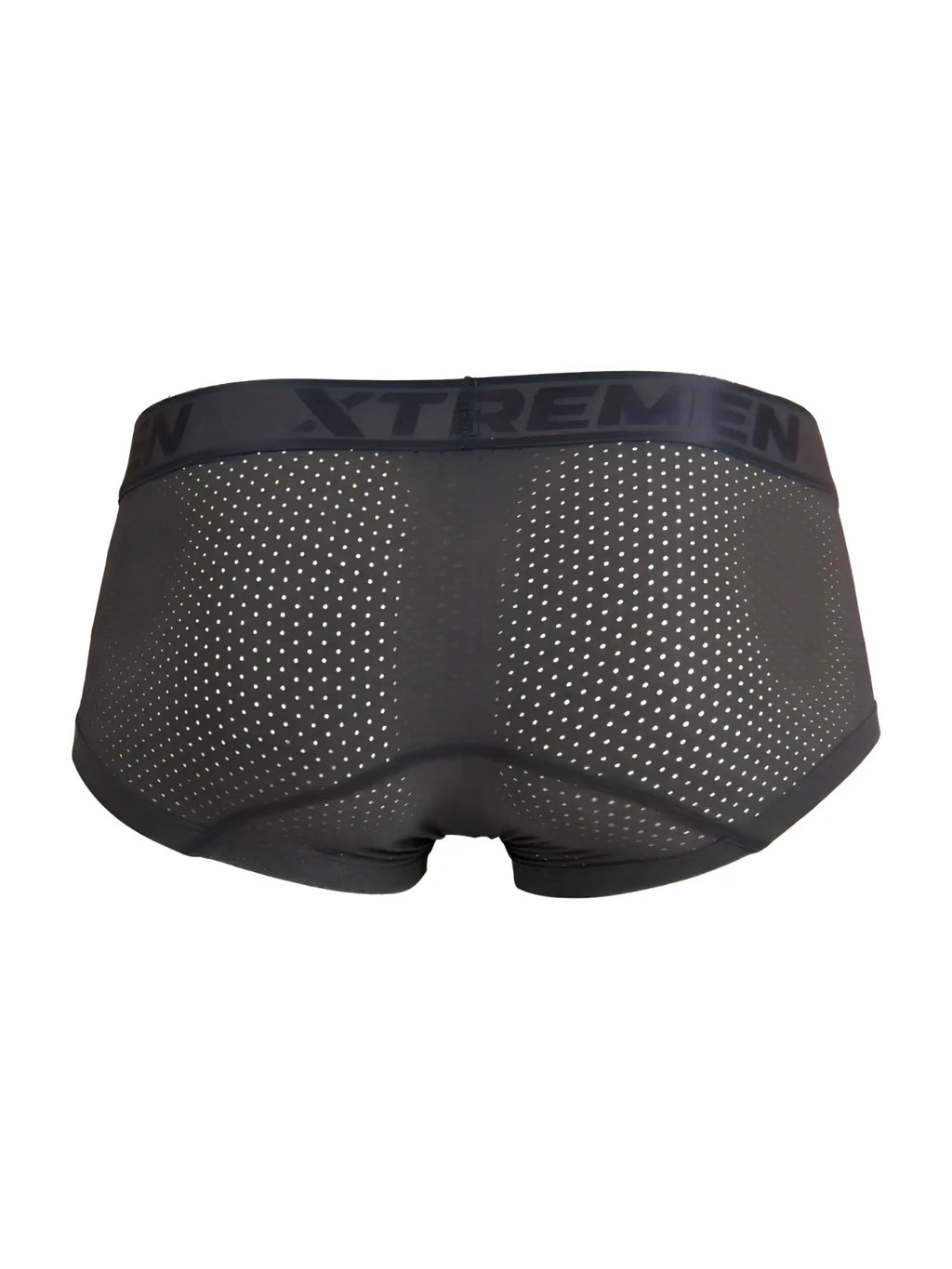 Back view of gray Xtremen 91252 Microfiber Mesh Trunks with branded waistband.