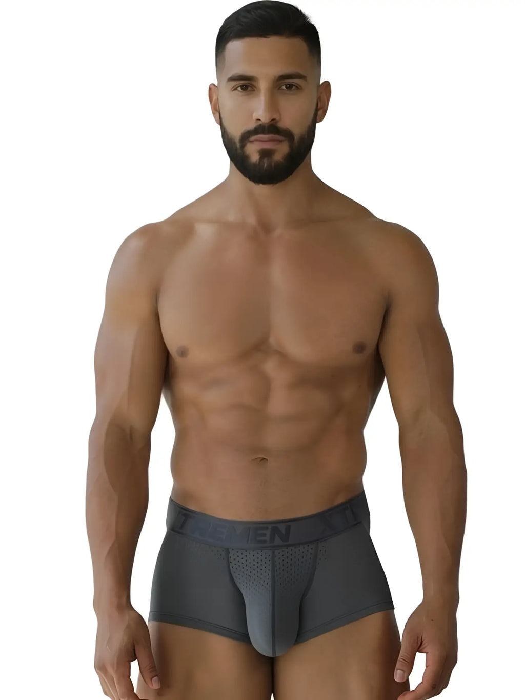 Front view of a man wearing Xtremen 91252 microfiber mesh trunks in gray.