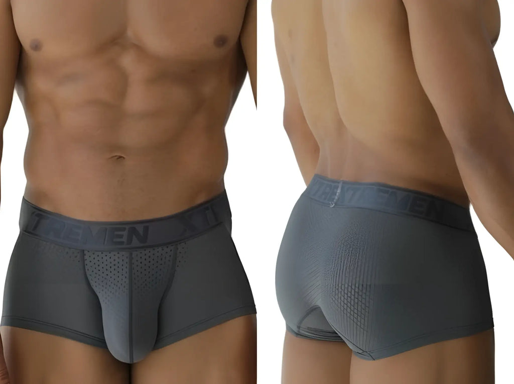 Front and back view of gray Xtremen 91252 microfiber mesh trunks on a male model.
