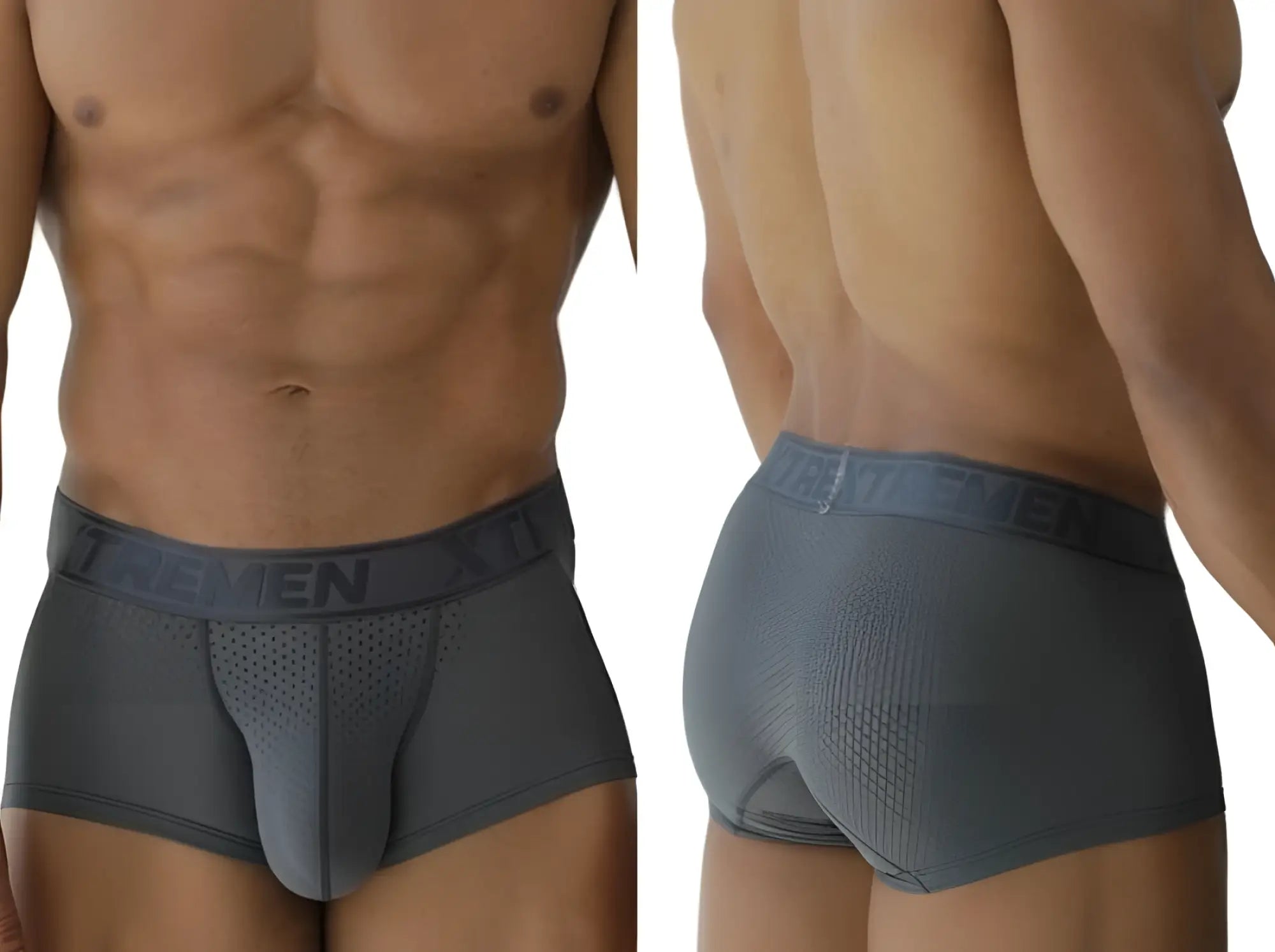 Front and back view of gray Xtremen 91252 microfiber mesh trunks on a male model.