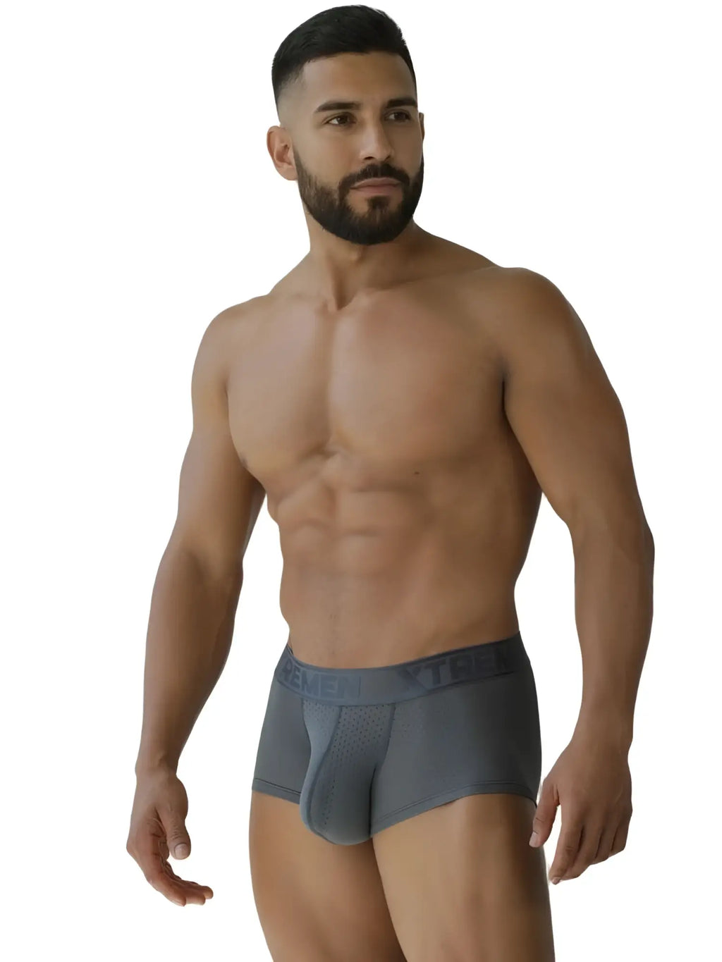 Xtremen 91252 Microfiber Mesh Trunks in gray, shown on a model in a front view lifestyle shot.