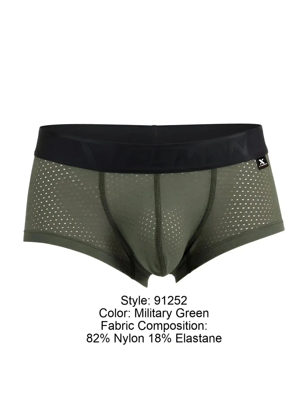 Front view of Xtremen 91252 microfiber mesh trunks in military green with a black branded waistband.
