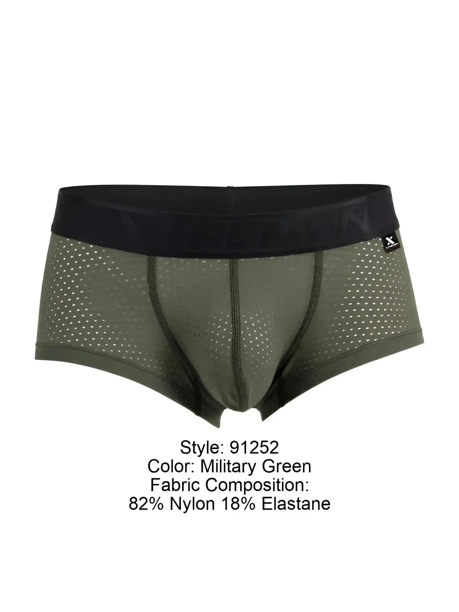 Front view of Xtremen 91252 microfiber mesh trunks in military green with a black branded waistband.