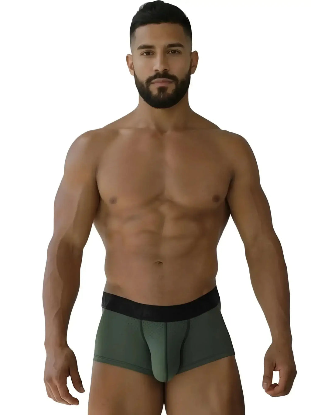 Front view of a model wearing Xtremen 91252 Microfiber Mesh Trunks in Military Green.