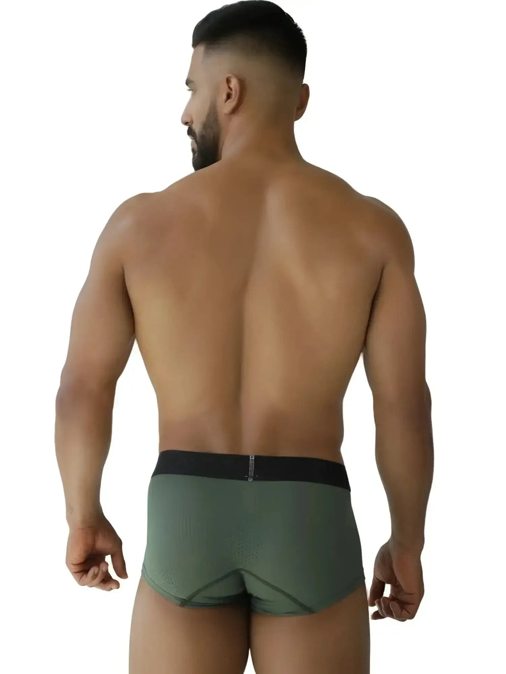 Back view of Xtremen 91252 Microfiber Mesh Trunks in Military Green worn by a man.