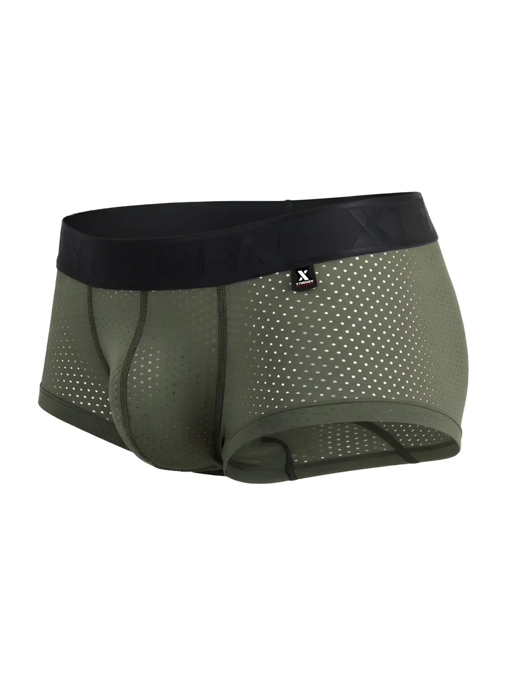 Xtremen 91252 Microfiber Mesh Trunks in Military Green, front view showing the mesh fabric and branded waistband.