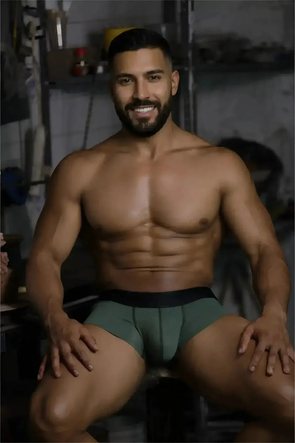 Xtremen 91252 Microfiber Mesh Trunks in Military Green, lifestyle shot of a man wearing the boxers.