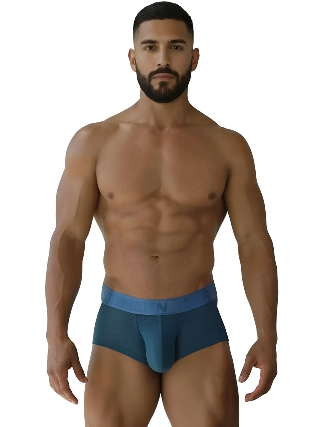 Xtremen 91252 microfiber mesh trunks in petrol, front view on a male model.