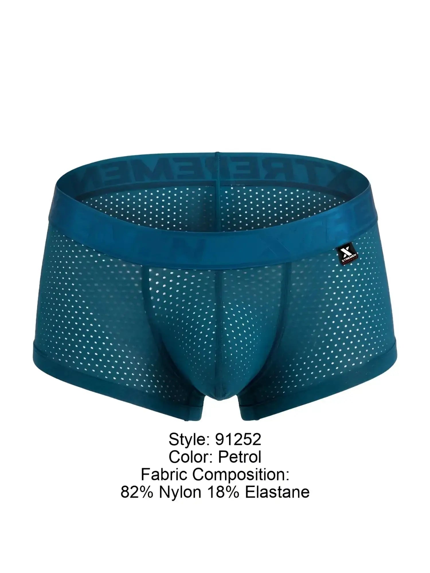 Front view of Xtremen 91252 microfiber mesh trunks in petrol blue.