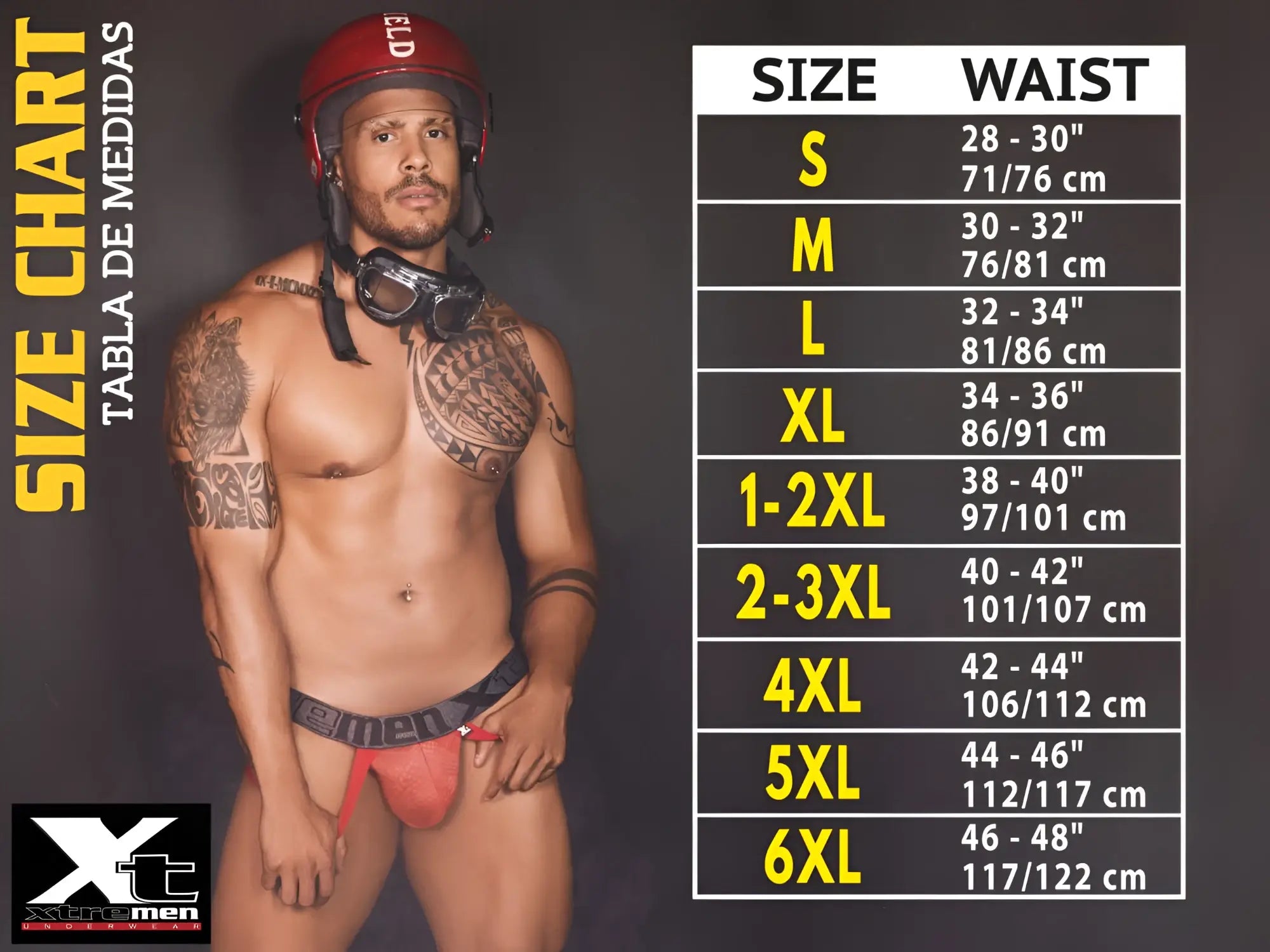 Xtremen 91252 Microfiber Mesh Trunks in petrol. Lifestyle size chart showing a male model wearing the underwear.