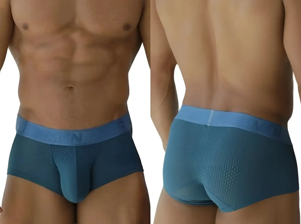 Xtremen 91252 Microfiber Mesh Trunks in Petrol: front and back view of the underwear on a model.