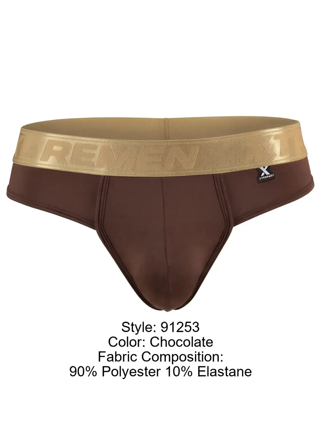 Xtremen 91253 chocolate bikini briefs in polyester-elastane with a metallic gold logo waistband.