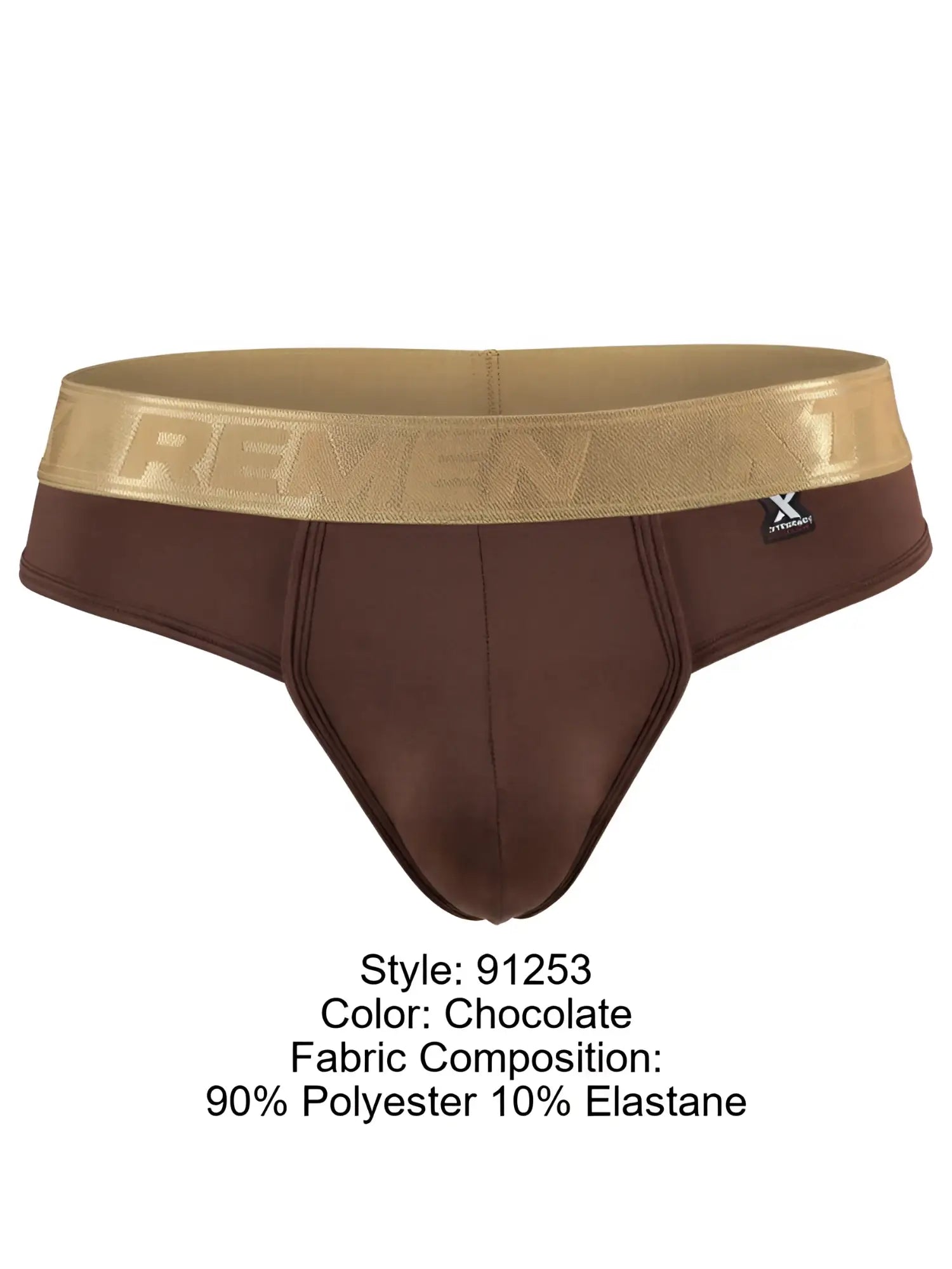 Xtremen 91253 chocolate bikini briefs in polyester-elastane with a metallic gold logo waistband.