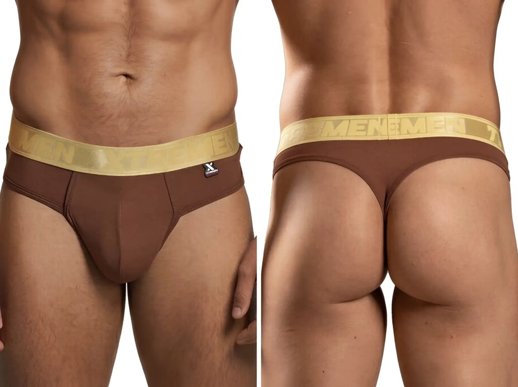 Xtremen brown thong with gold branded waistband. Model 98517, featuring soft cotton-blend fabric. Front and back view.