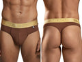 Xtremen brown thong with gold branded waistband. Model 98517, featuring soft cotton-blend fabric. Front and back view.