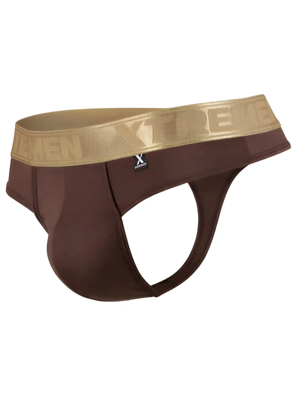 Xtremen jockstrap in chocolate brown, featuring a metallic gold logo waistband. Smooth stretch fabric.