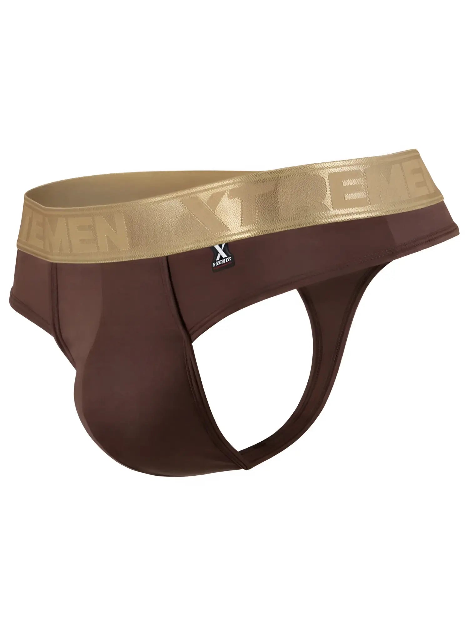 Xtremen jockstrap in chocolate brown, featuring a metallic gold logo waistband. Smooth stretch fabric.