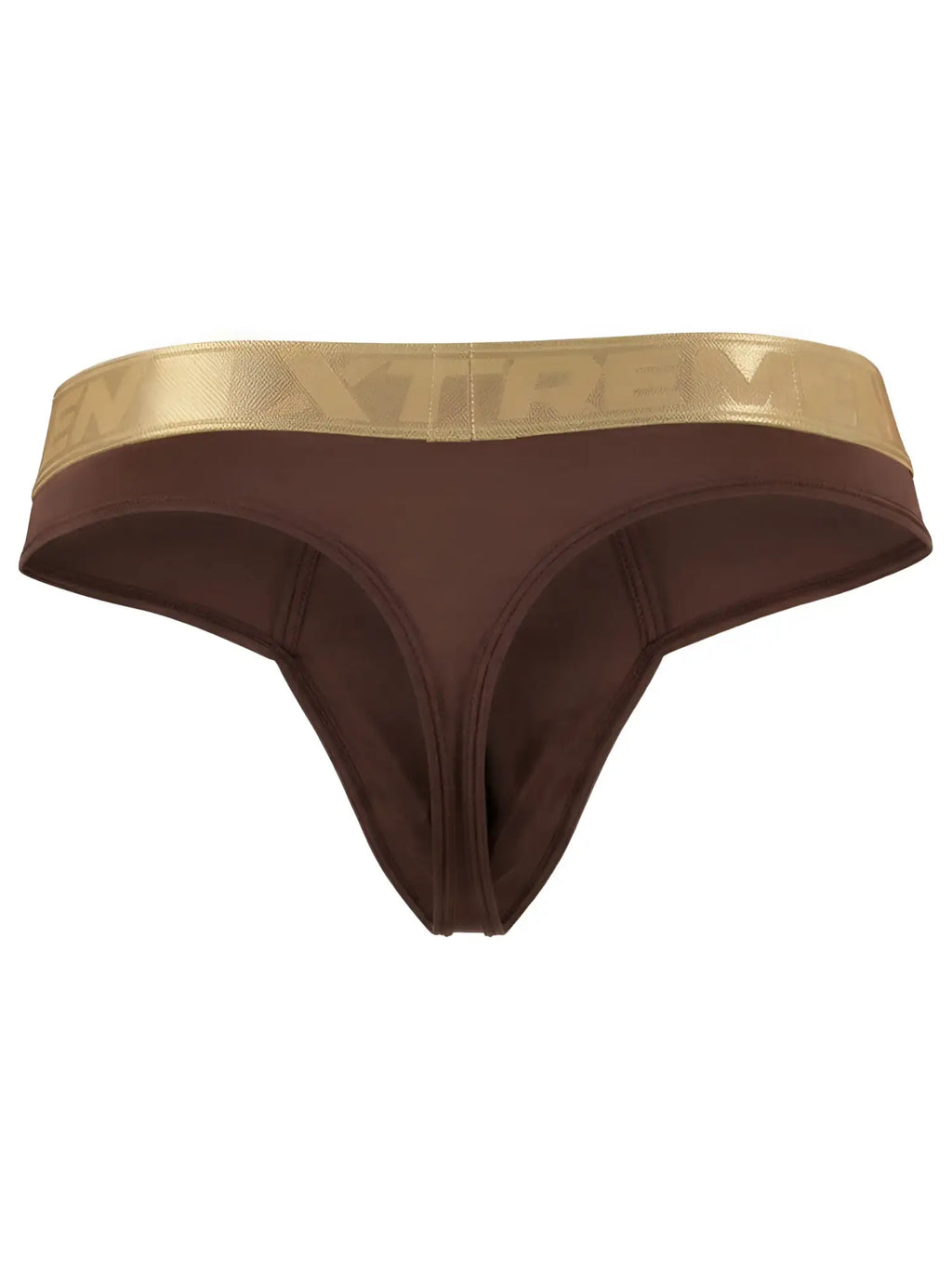 Xtremen chocolate brown thong with gold branded elastic waistband. Smooth fabric finish.