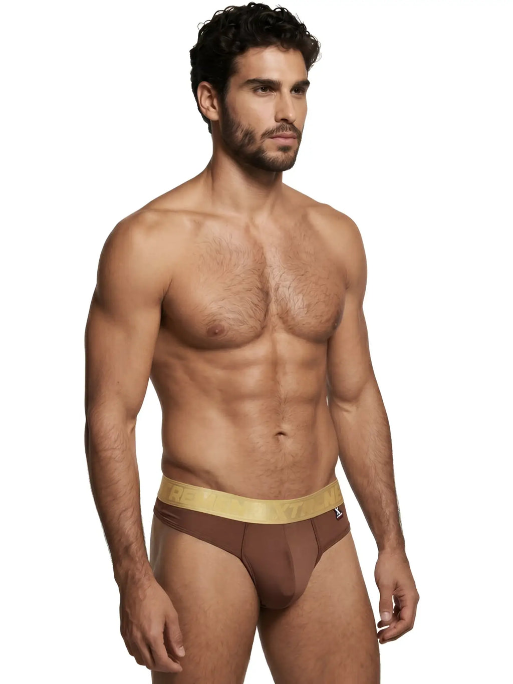 Xtremen brown bikini brief with gold branded waistband. Model 98570. Soft, stretchy fabric.