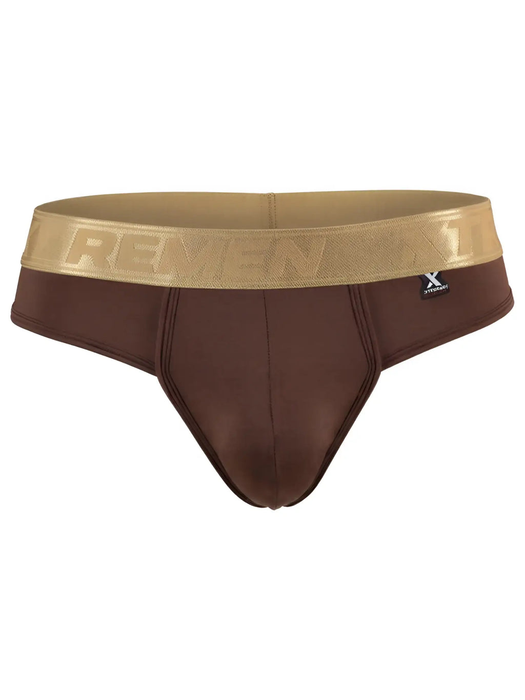 Xtremen brown microfibre bikini brief with metallic gold branded waistband.