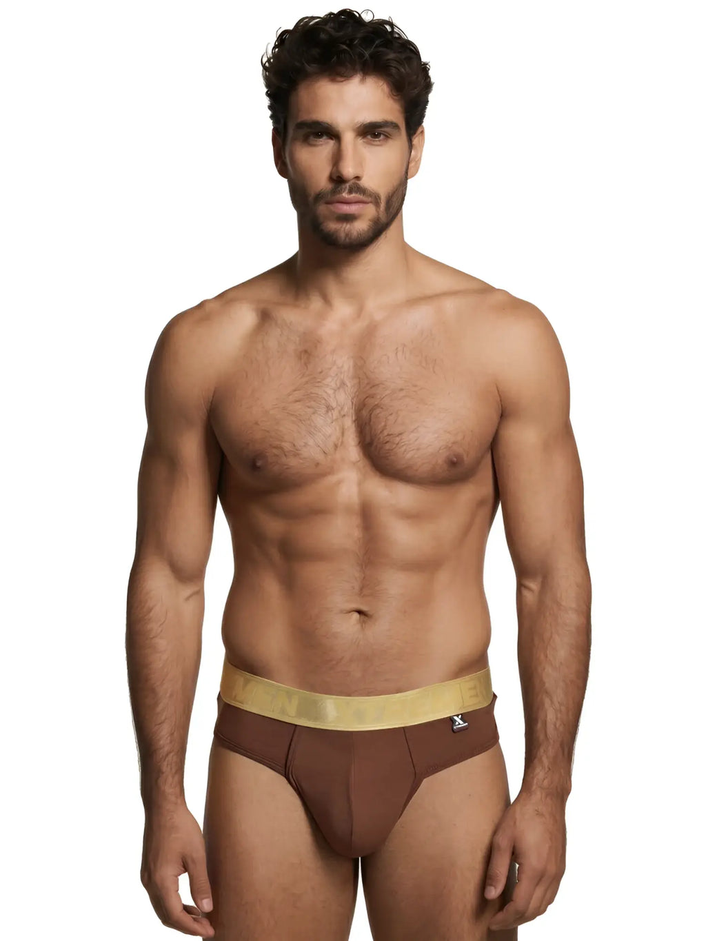 Xtremen brown cotton bikini brief with gold branded waistband. Model 95101.