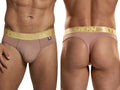 Xtremen men’s dusty rose thong with metallic gold logo waistband. Smooth, stretchy fabric. Front and back view.