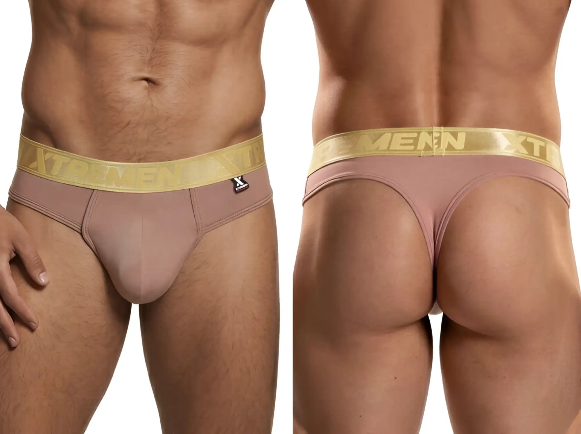 Xtremen men’s dusty rose thong with metallic gold logo waistband. Smooth, stretchy fabric. Front and back view.