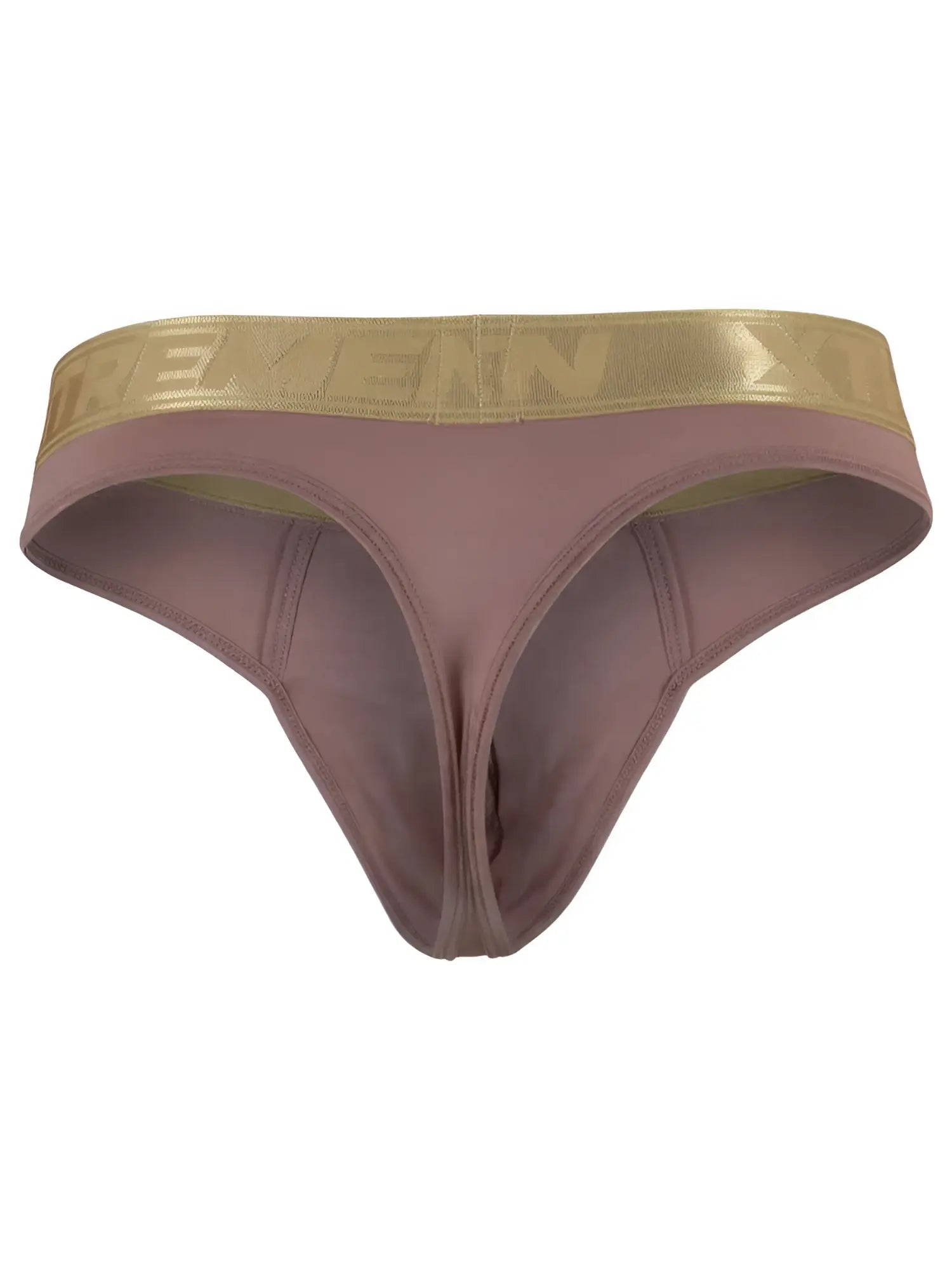 Xtremen thong in dusty rose with a gold metallic waistband. Smooth, soft-touch fabric.