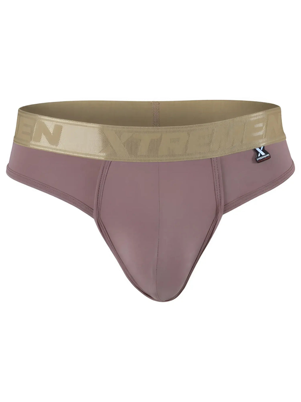 Xtremen mauve bikini brief with gold branded waistband. Smooth fabric finish.
